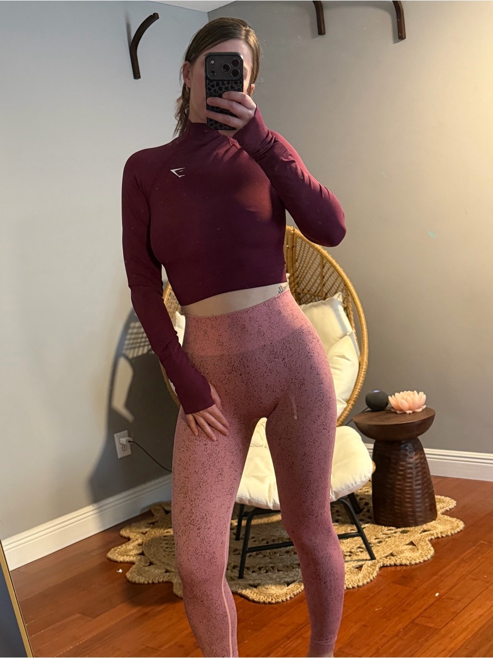 Gymshark Burgundy Crop Long Sleeve Top with Pink Speckled High-Waist Leggings